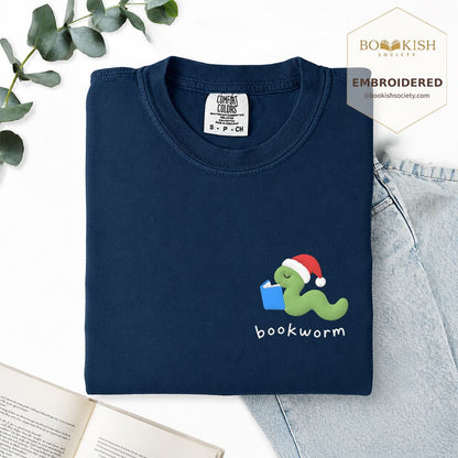 Bookworm Embroidered T-Shirt | Christmas Reader Gift Navy