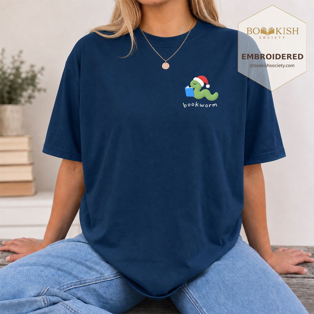 Bookworm Embroidered T-Shirt | Christmas Reader Gift Navy