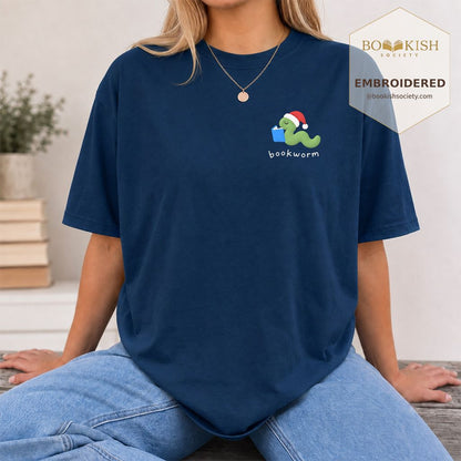 Bookworm Embroidered T-Shirt | Christmas Reader Gift Navy