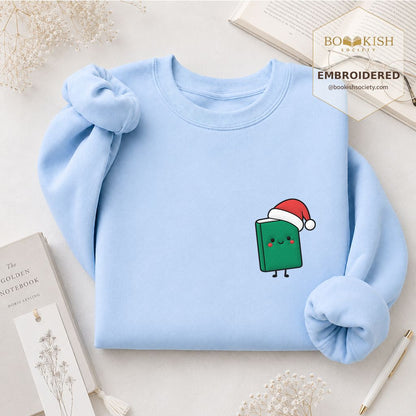 Cheerful Green Book Embroidered Sweatshirt | Christmas Gift Light Blue