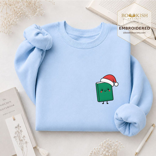 Cheerful Green Book Embroidered Sweatshirt | Christmas Gift Light Blue
