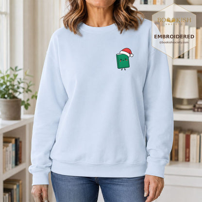 Cheerful Green Book Embroidered Sweatshirt | Christmas Gift Light Blue