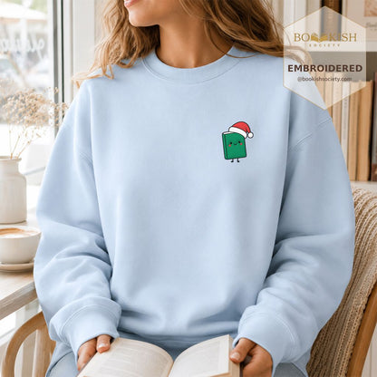 Cheerful Green Book Embroidered Sweatshirt | Christmas Gift Light Blue