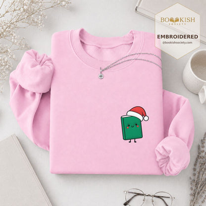 Cheerful Green Book Embroidered Sweatshirt | Christmas Gift Light Pink