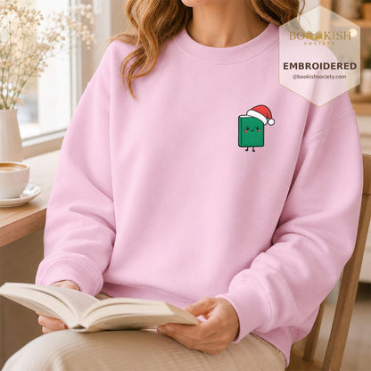Cheerful Green Book Embroidered Sweatshirt | Christmas Gift Light Pink