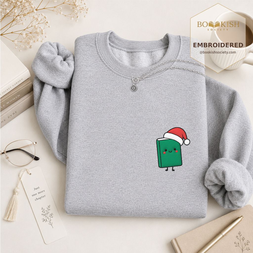 Cheerful Green Book Embroidered Sweatshirt | Christmas Gift Sport Grey