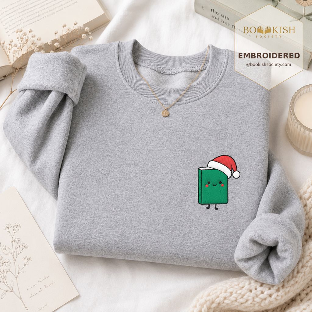 Cheerful Green Book Embroidered Sweatshirt | Christmas Gift Sport Grey