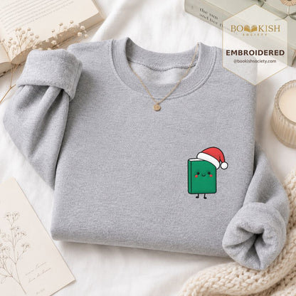 Cheerful Green Book Embroidered Sweatshirt | Christmas Gift Sport Grey