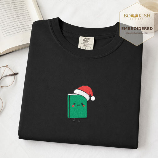 Santa Hat Book Embroidered T-Shirt | Christmas Reader Gift Black