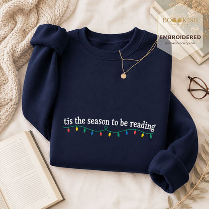 Tis The Season To Be Reading Embroidered Sweatshirt | Christmas Reader Gift Navy