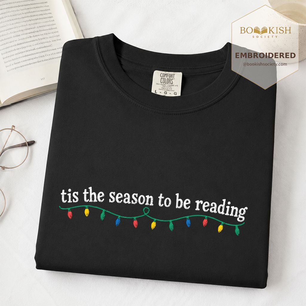 Tis The Season To Be Reading Embroidered T-Shirt | Christmas Reader Gift Black
