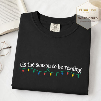 Tis The Season To Be Reading Embroidered T-Shirt | Christmas Reader Gift Black