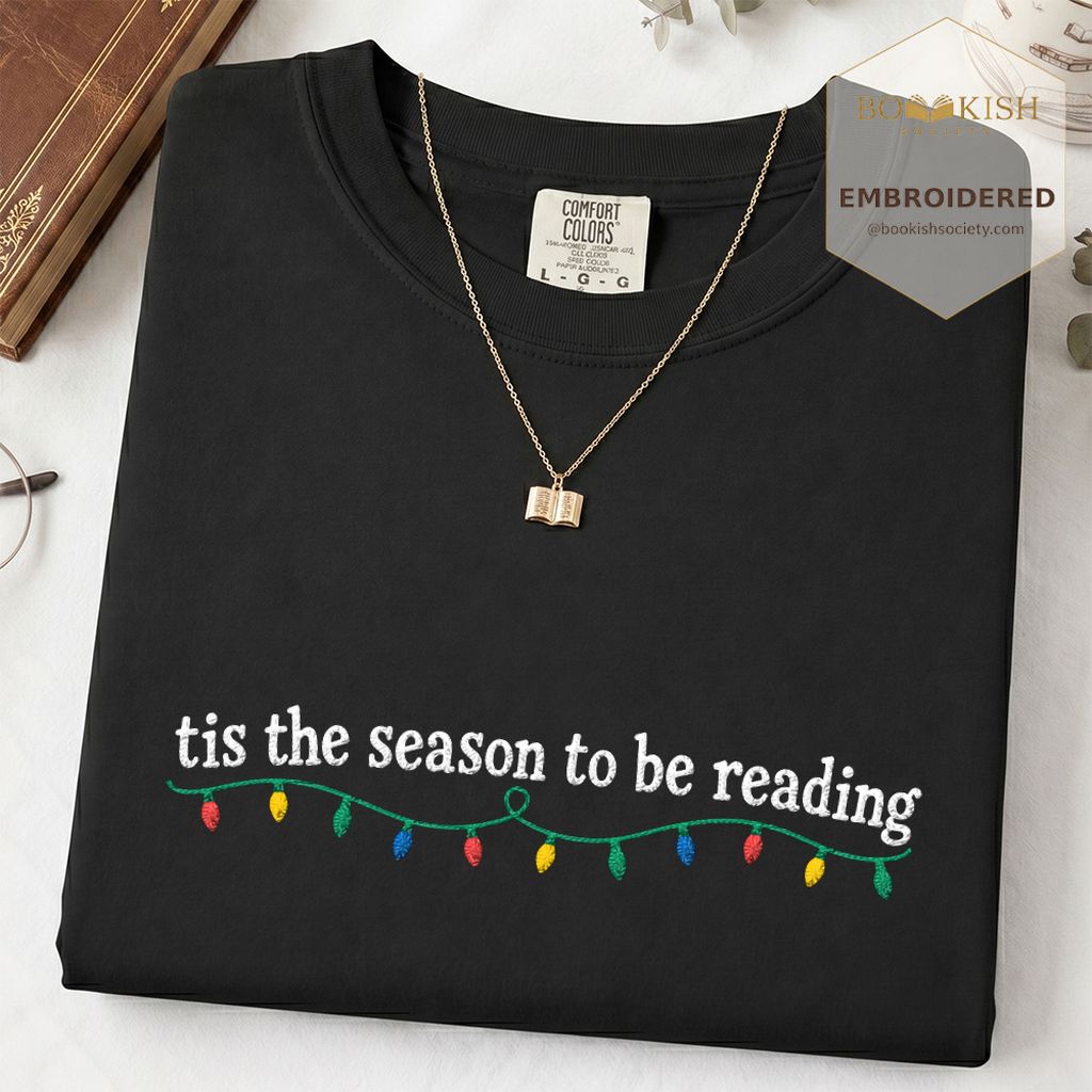 Tis The Season To Be Reading Embroidered T-Shirt | Christmas Reader Gift Black