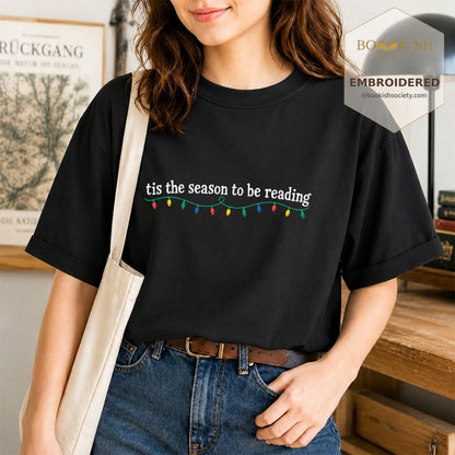 Tis The Season To Be Reading Embroidered T-Shirt | Christmas Reader Gift Black