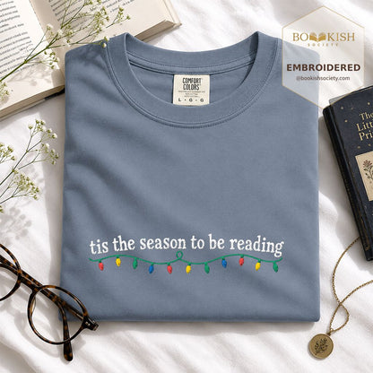 Tis The Season To Be Reading Embroidered T-Shirt | Christmas Reader Gift Blue Jean