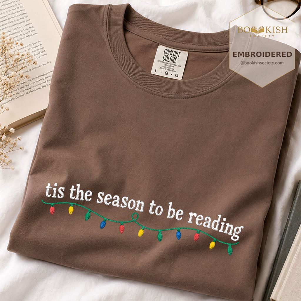 Tis The Season To Be Reading Embroidered T-Shirt | Christmas Reader Gift Espresso