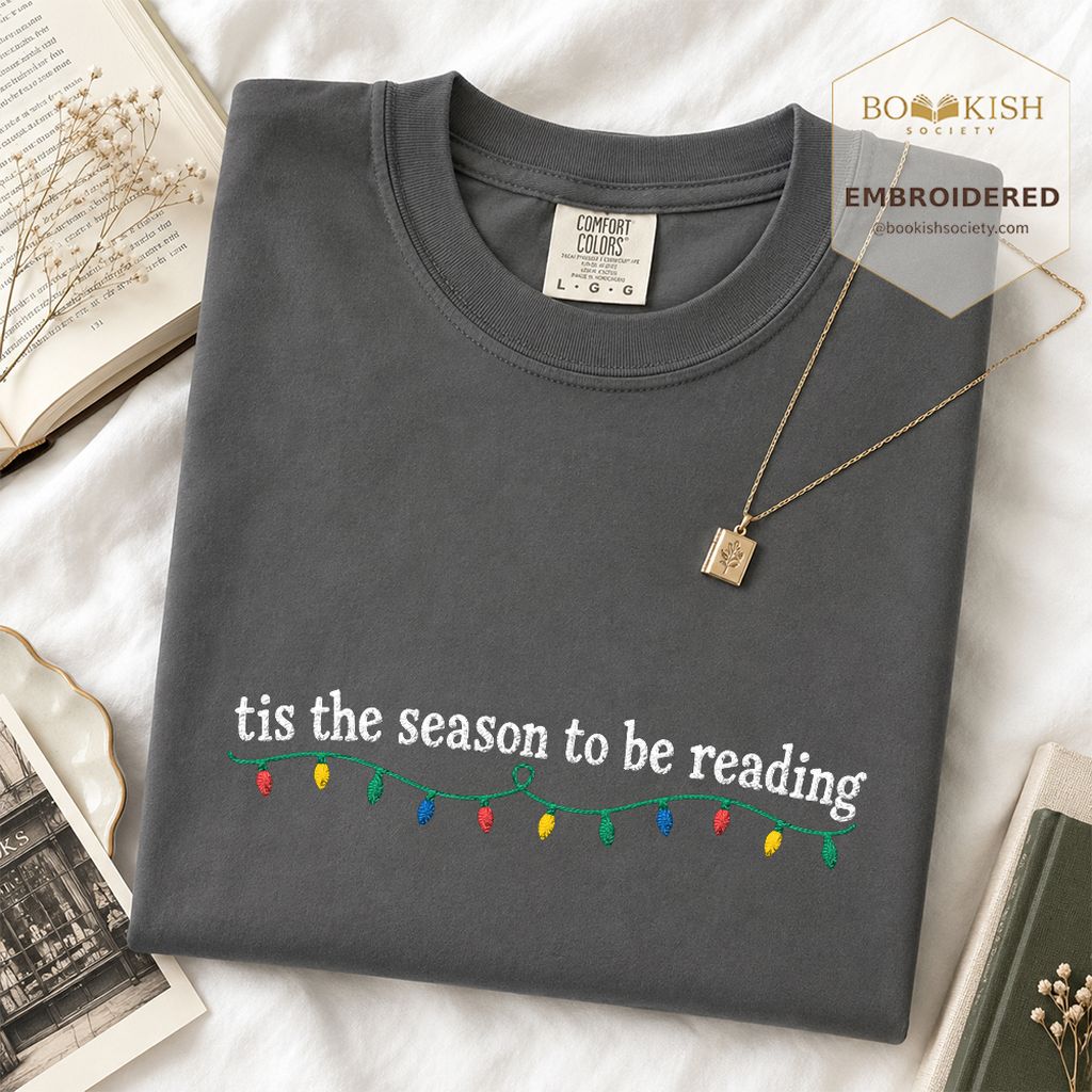 Tis The Season To Be Reading Embroidered T-Shirt | Christmas Reader Gift Graphite