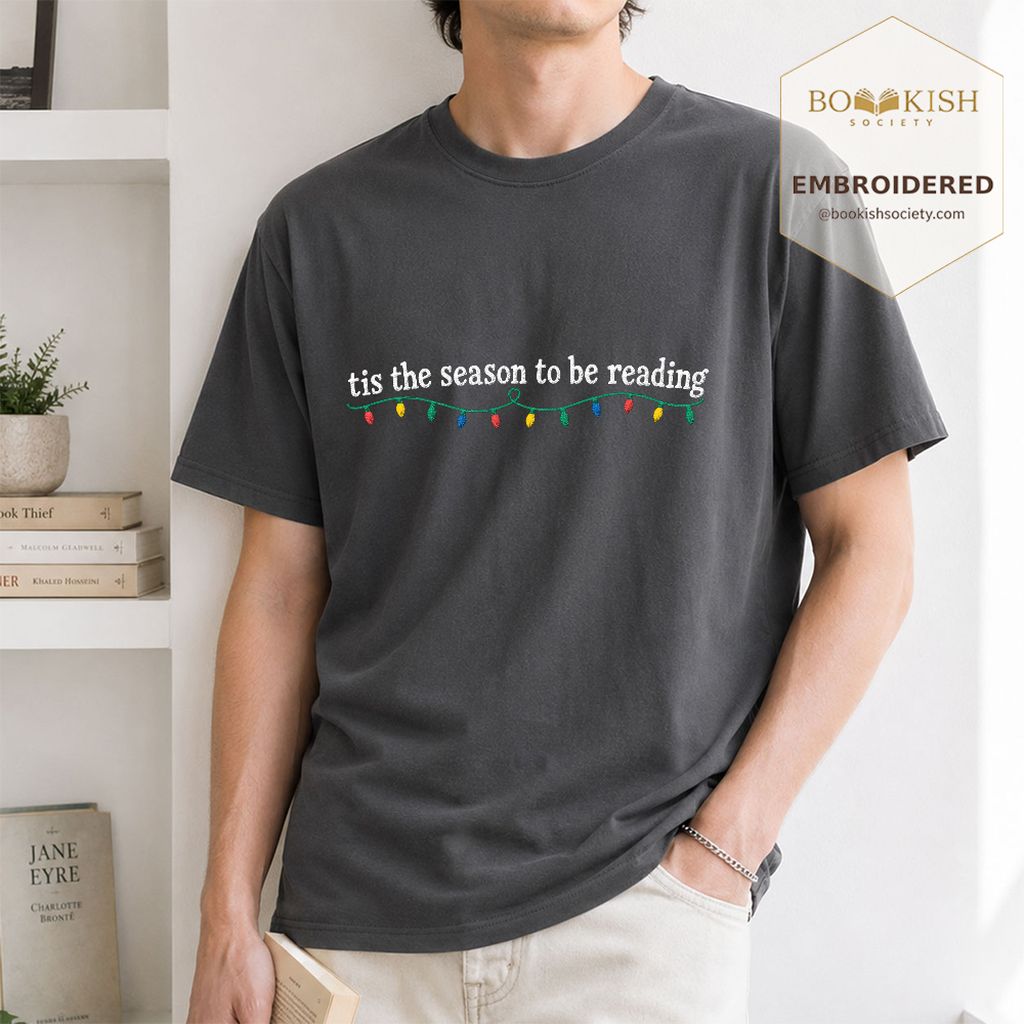 Tis The Season To Be Reading Embroidered T-Shirt | Christmas Reader Gift Graphite