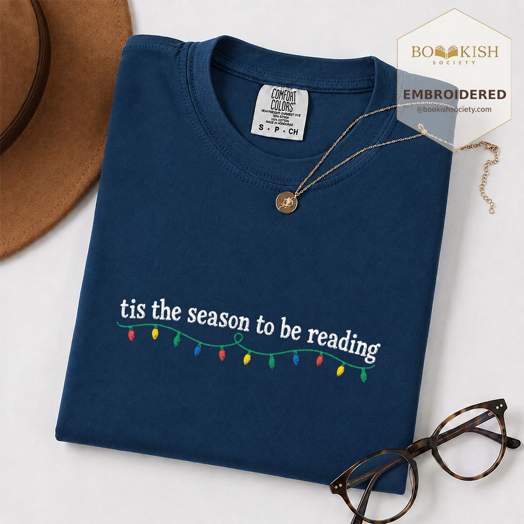 Tis The Season To Be Reading Embroidered T-Shirt | Christmas Reader Gift Navy