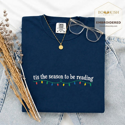 Tis The Season To Be Reading Embroidered T-Shirt | Christmas Reader Gift Navy