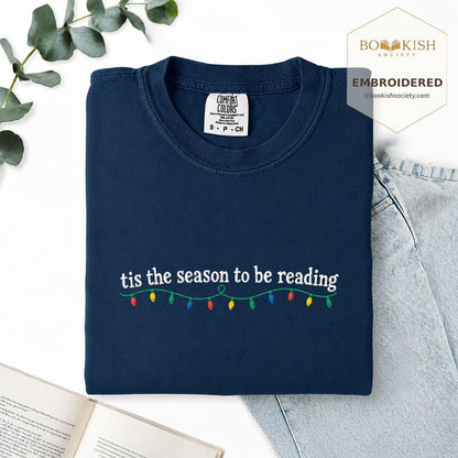 Tis The Season To Be Reading Embroidered T-Shirt | Christmas Reader Gift Navy