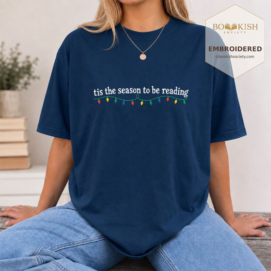 Tis The Season To Be Reading Embroidered T-Shirt | Christmas Reader Gift Navy