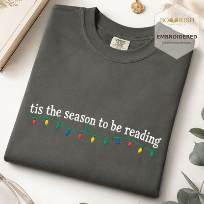 Tis The Season To Be Reading Embroidered T-Shirt | Christmas Reader Gift Pepper