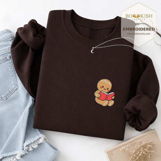 Gingerbread Man Reading Embroidered Sweatshirt | Christmas Reader Gift Dark Chocolate