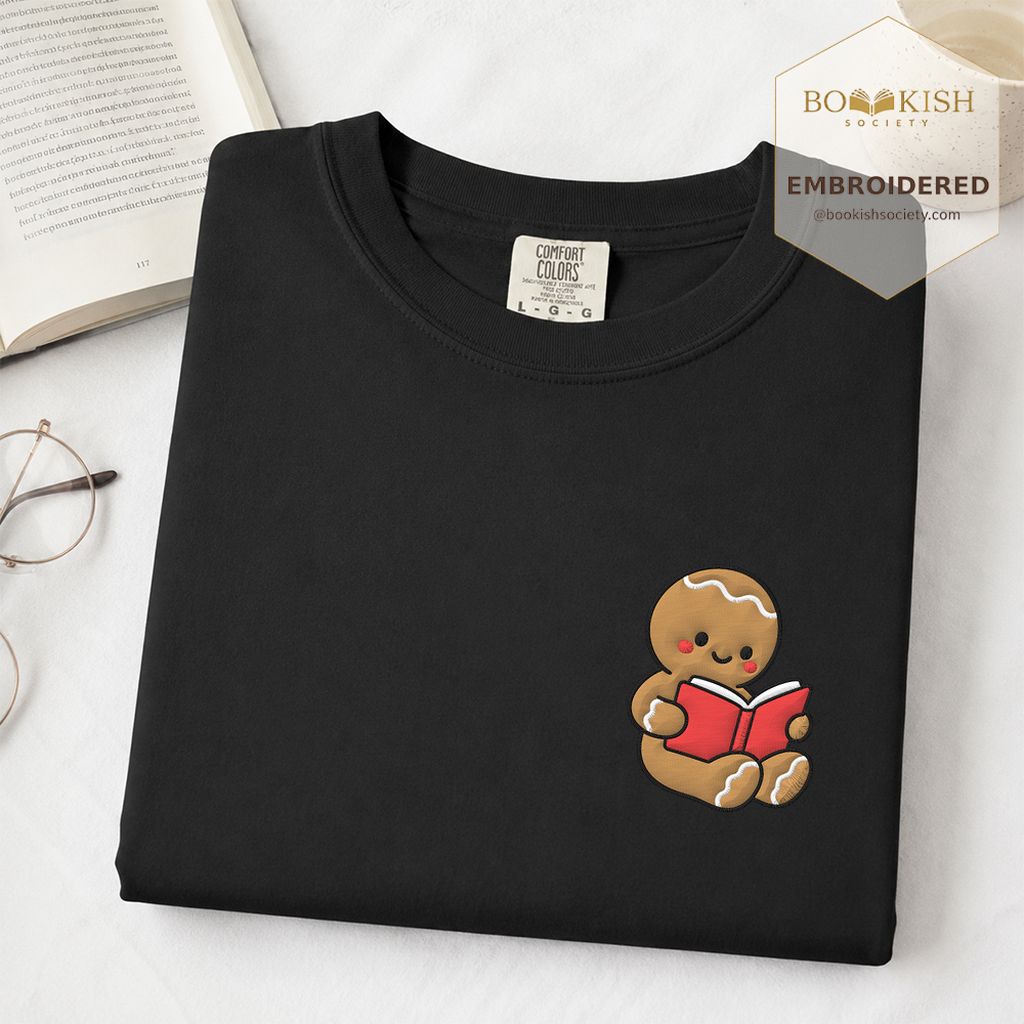 Gingerbread Character With Red Book Embroidered T-Shirt | Christmas Reader Gift Black