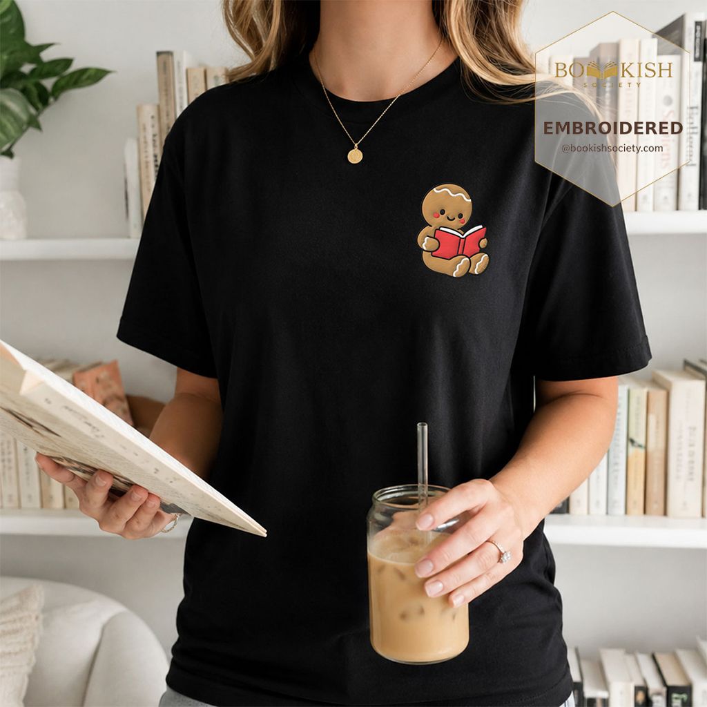 Gingerbread Character With Red Book Embroidered T-Shirt | Christmas Reader Gift Black