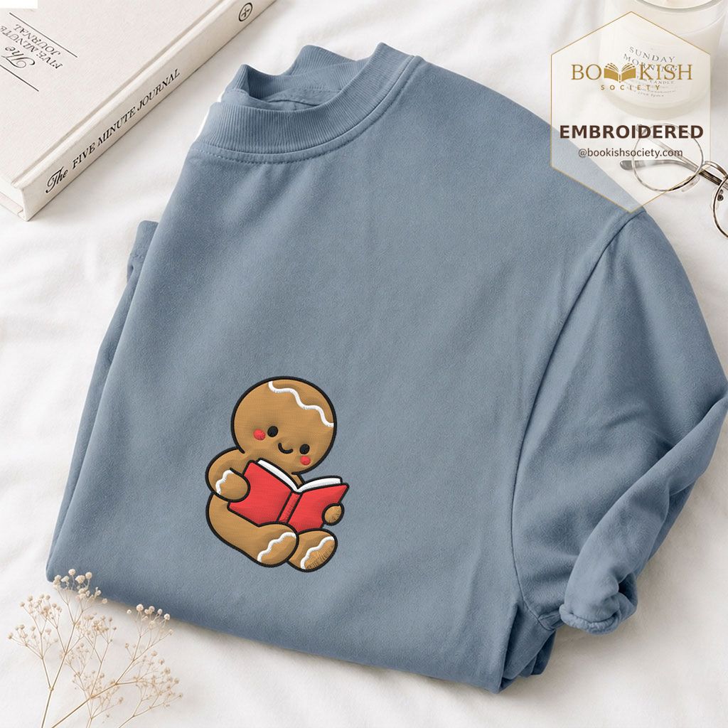 Gingerbread Character With Red Book Embroidered T-Shirt | Christmas Reader Gift Blue Jean
