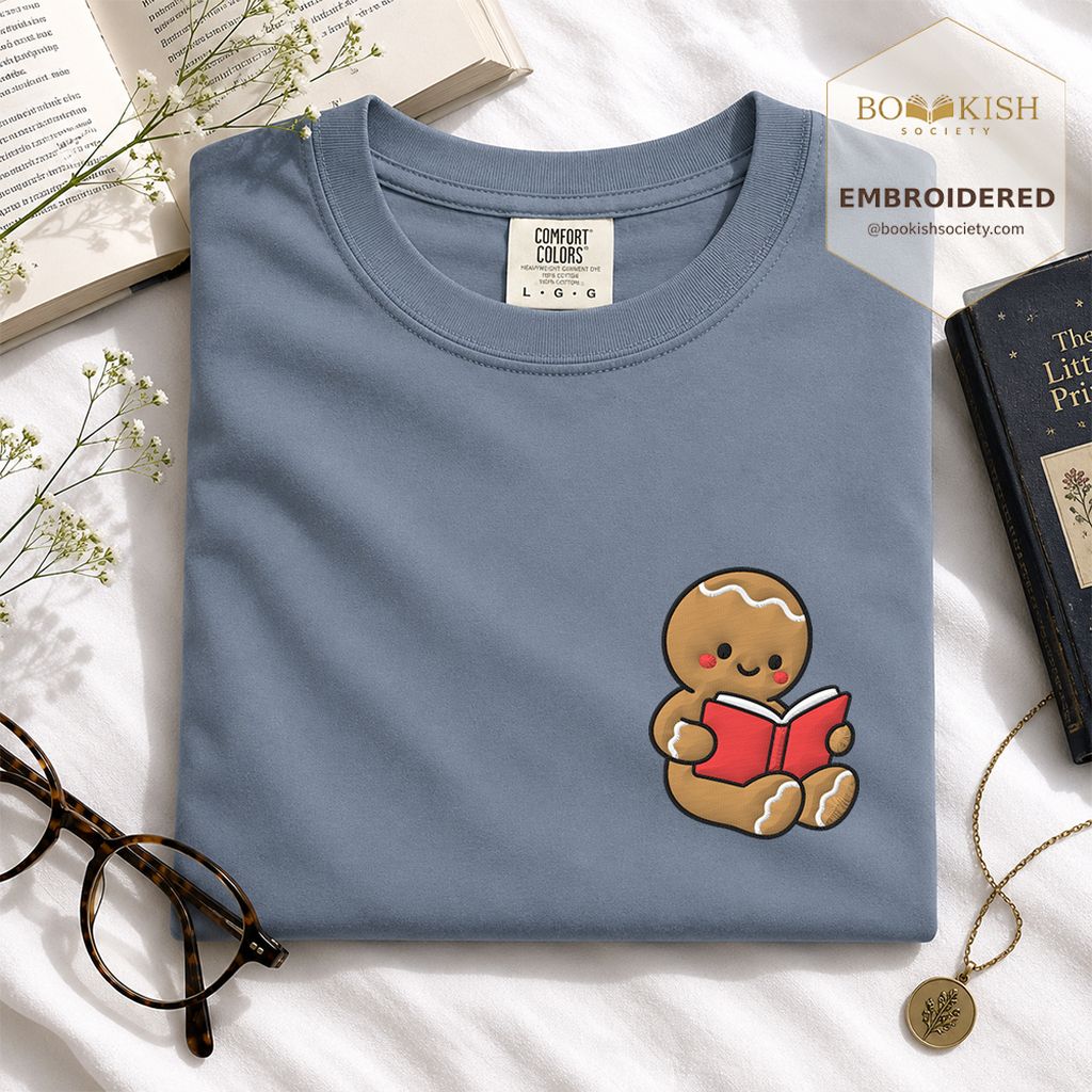 Gingerbread Character With Red Book Embroidered T-Shirt | Christmas Reader Gift Blue Jean