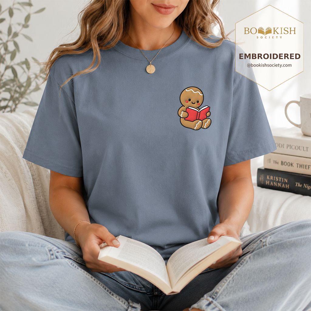 Gingerbread Character With Red Book Embroidered T-Shirt | Christmas Reader Gift Blue Jean