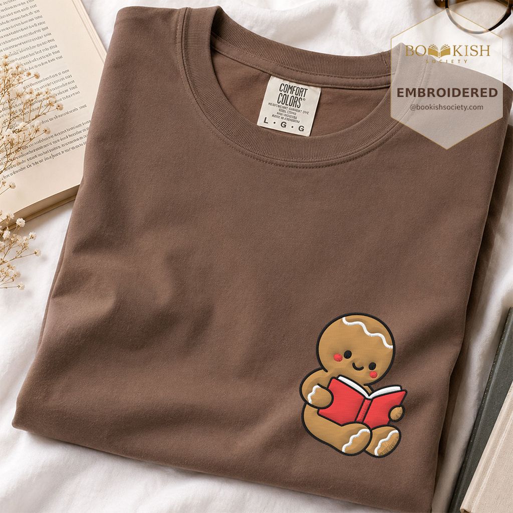 Gingerbread Character With Red Book Embroidered T-Shirt | Christmas Reader Gift Espresso