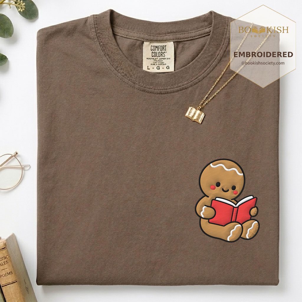 Gingerbread Character With Red Book Embroidered T-Shirt | Christmas Reader Gift Espresso