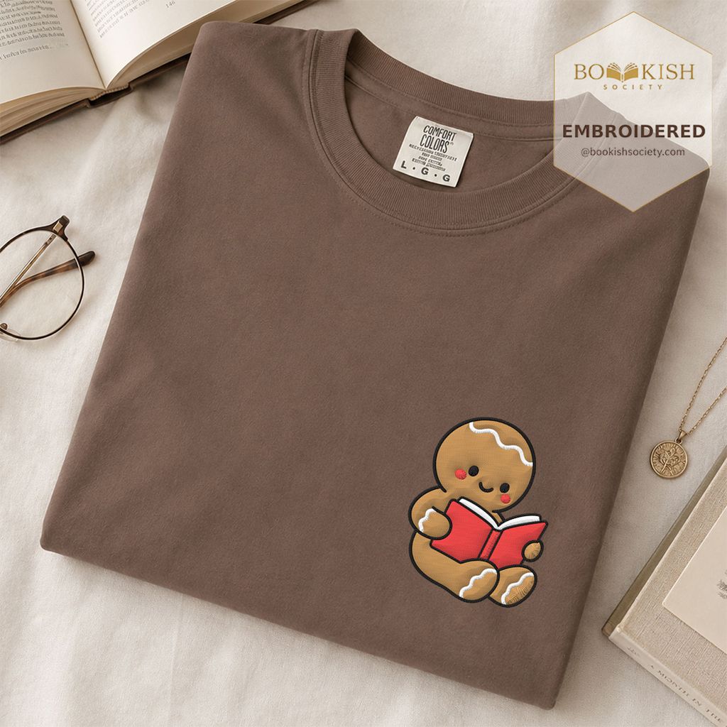 Gingerbread Character With Red Book Embroidered T-Shirt | Christmas Reader Gift Espresso