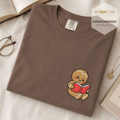 Gingerbread Character With Red Book Embroidered T-Shirt | Christmas Reader Gift Espresso
