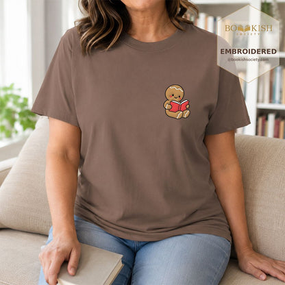Gingerbread Character With Red Book Embroidered T-Shirt | Christmas Reader Gift Espresso