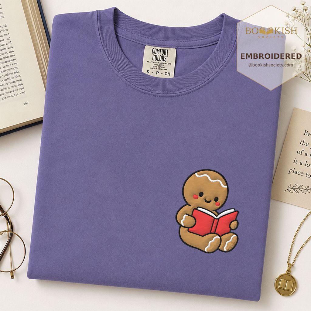 Gingerbread Character With Red Book Embroidered T-Shirt | Christmas Reader Gift Grape