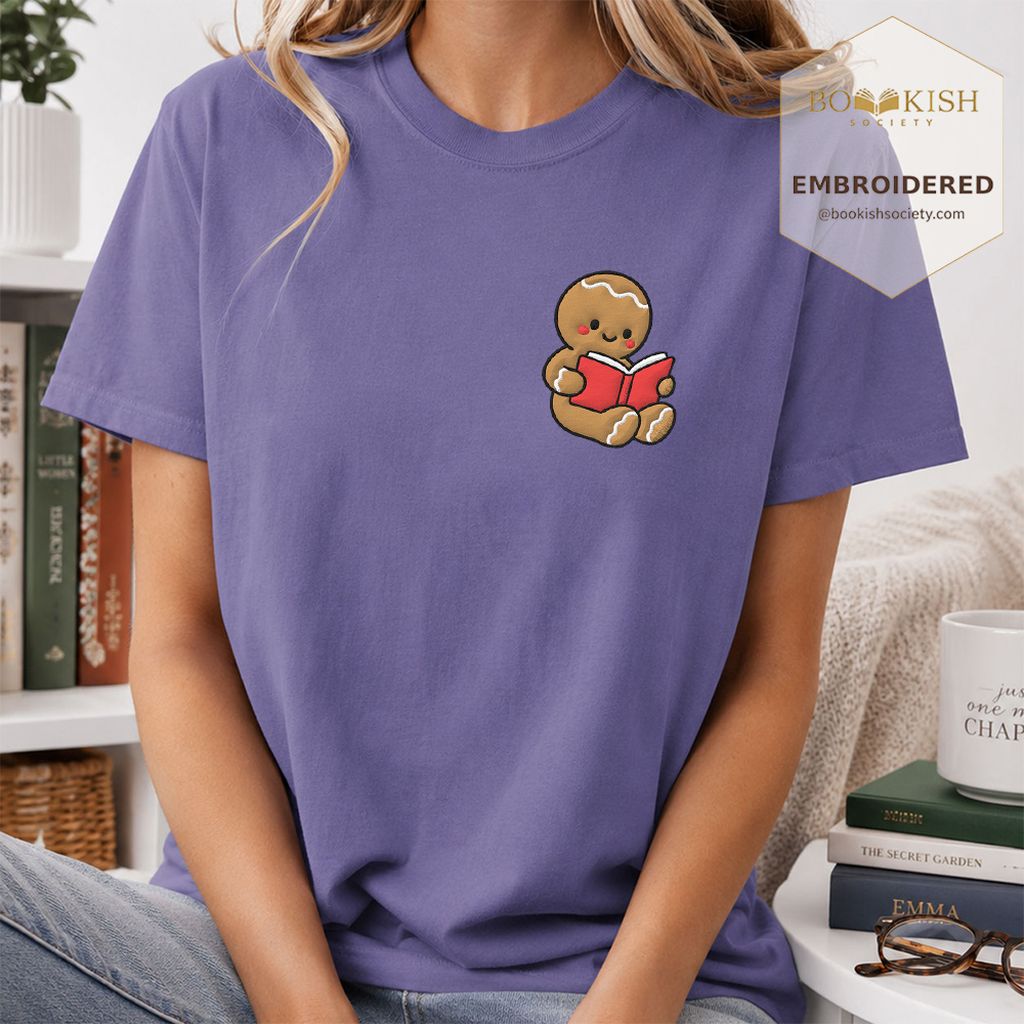 Gingerbread Character With Red Book Embroidered T-Shirt | Christmas Reader Gift Grape