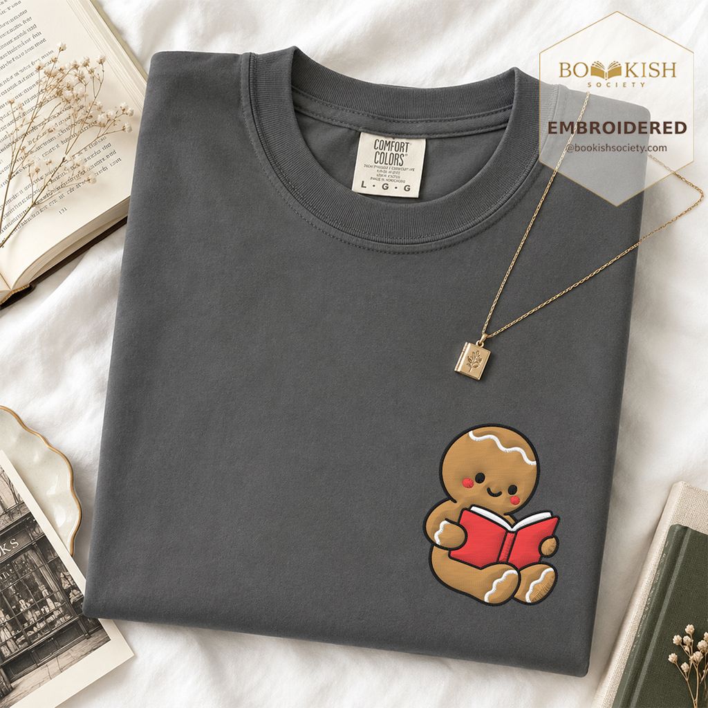 Gingerbread Character With Red Book Embroidered T-Shirt | Christmas Reader Gift Graphite