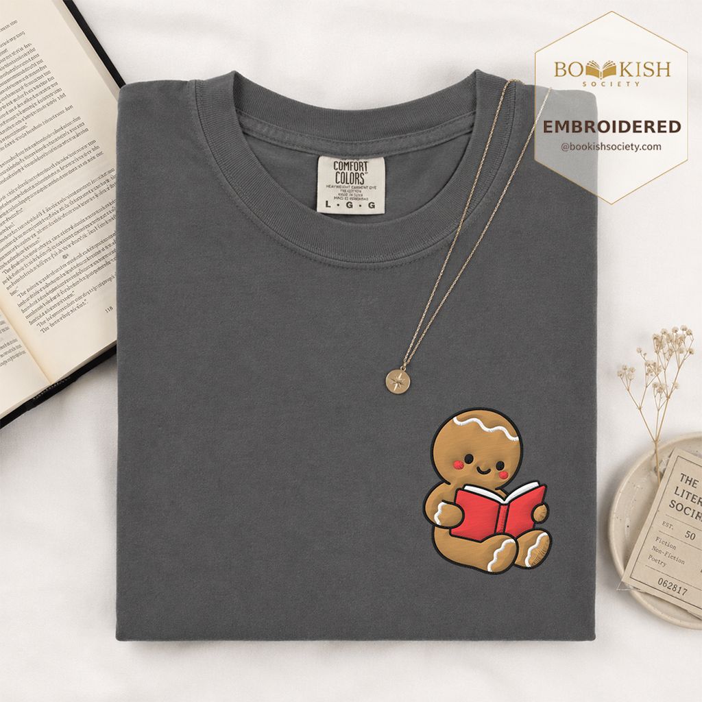 Gingerbread Character With Red Book Embroidered T-Shirt | Christmas Reader Gift Graphite