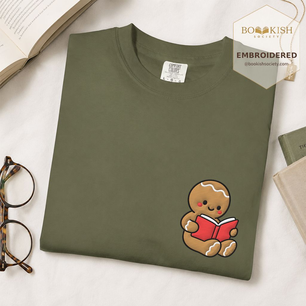 Gingerbread Character With Red Book Embroidered T-Shirt | Christmas Reader Gift Hemp