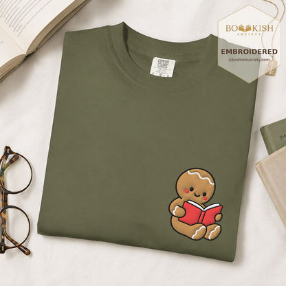 Gingerbread Character With Red Book Embroidered T-Shirt | Christmas Reader Gift Hemp