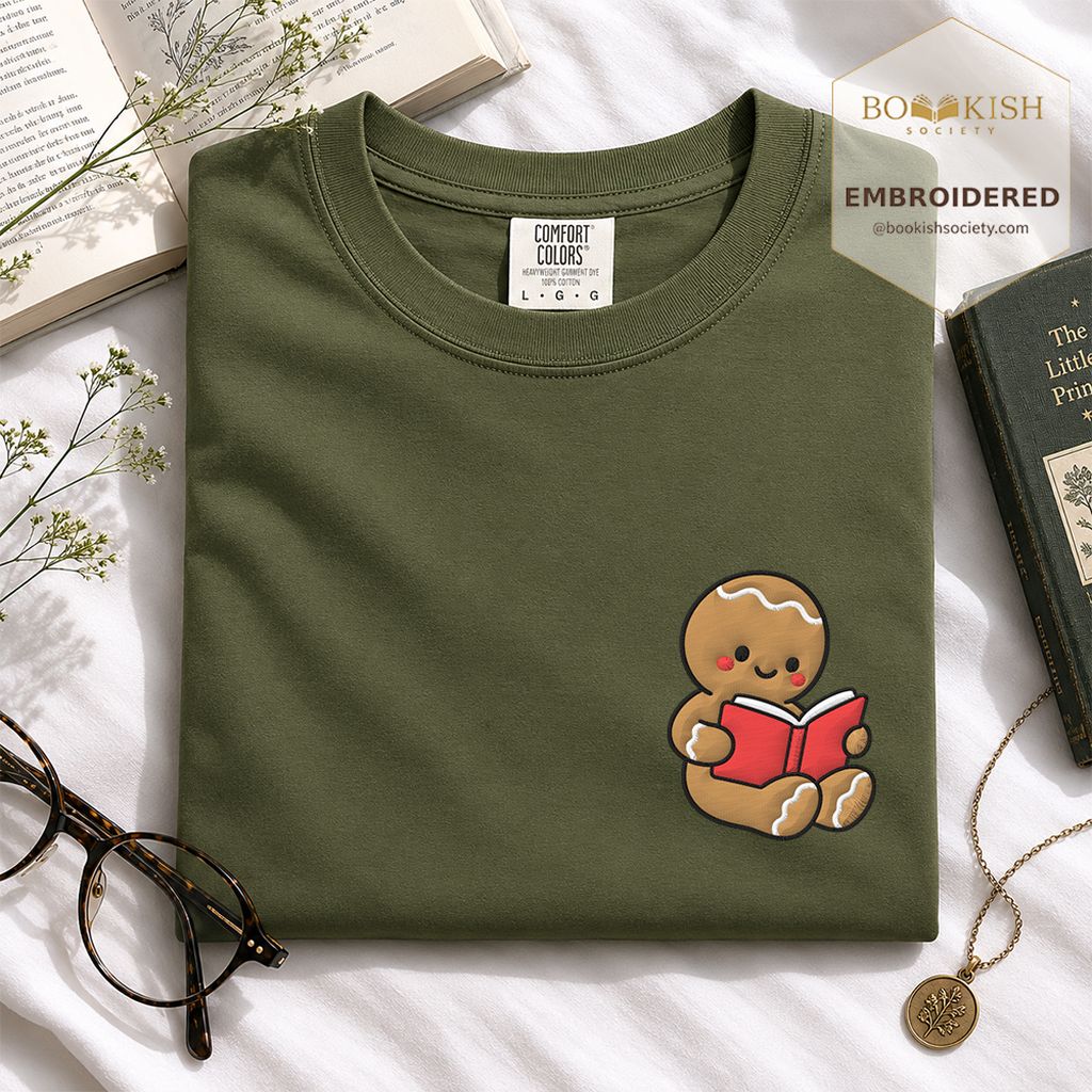 Gingerbread Character With Red Book Embroidered T-Shirt | Christmas Reader Gift Hemp