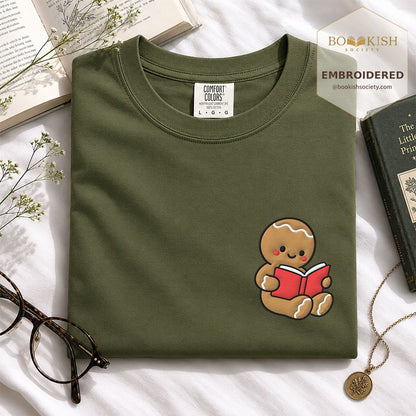 Gingerbread Character With Red Book Embroidered T-Shirt | Christmas Reader Gift Hemp
