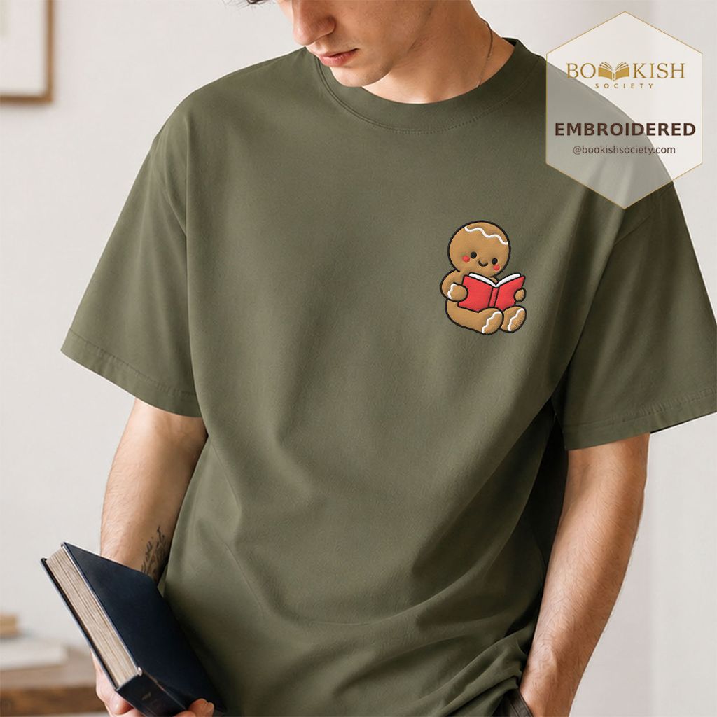 Gingerbread Character With Red Book Embroidered T-Shirt | Christmas Reader Gift Hemp