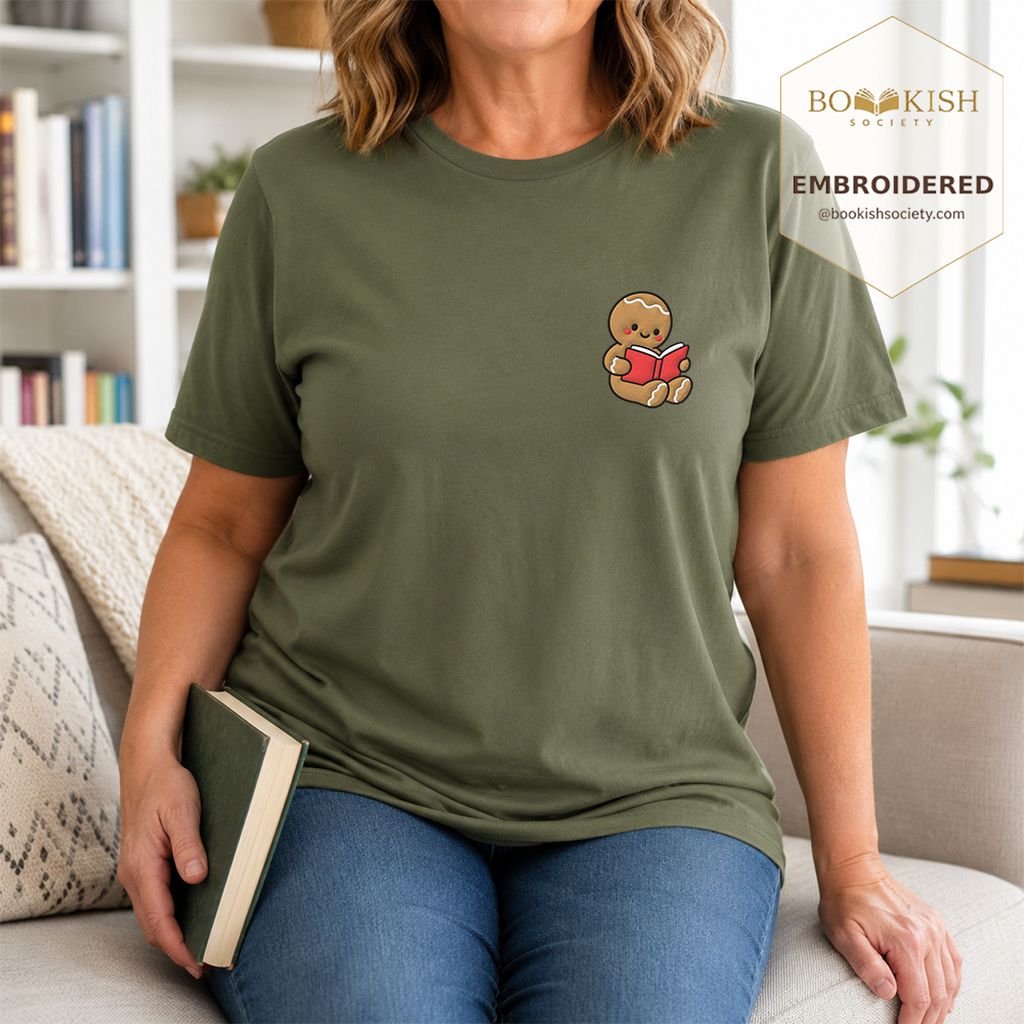 Gingerbread Character With Red Book Embroidered T-Shirt | Christmas Reader Gift Hemp
