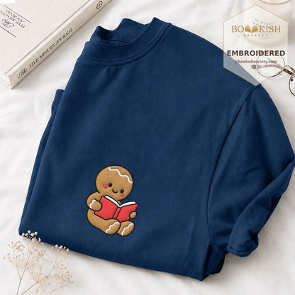 Gingerbread Character With Red Book Embroidered T-Shirt | Christmas Reader Gift Navy