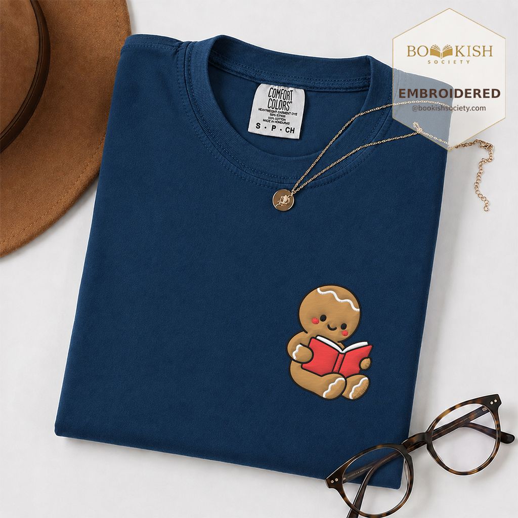 Gingerbread Character With Red Book Embroidered T-Shirt | Christmas Reader Gift Navy